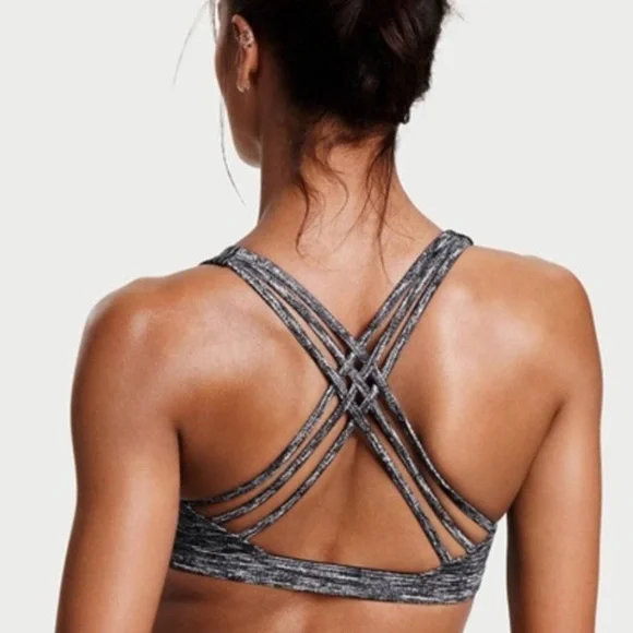 Victoria’s Secret Sport VSX Sports Bra Gray Strappy Logo Yoga Workout Medium - Picture 11 of 11